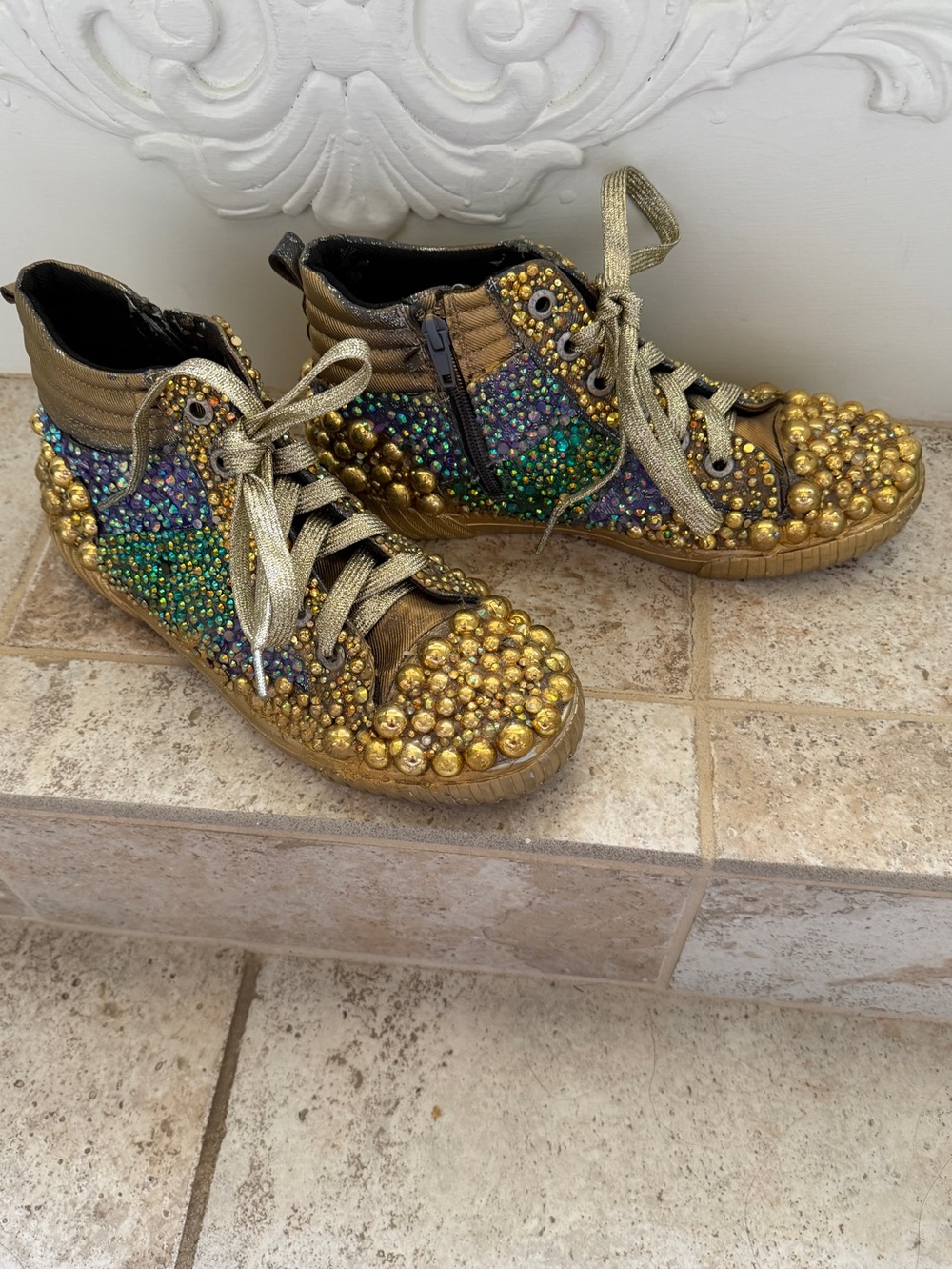 Hand-decorated Gold Beaded Multicolor Crystal High-Top Sneakers